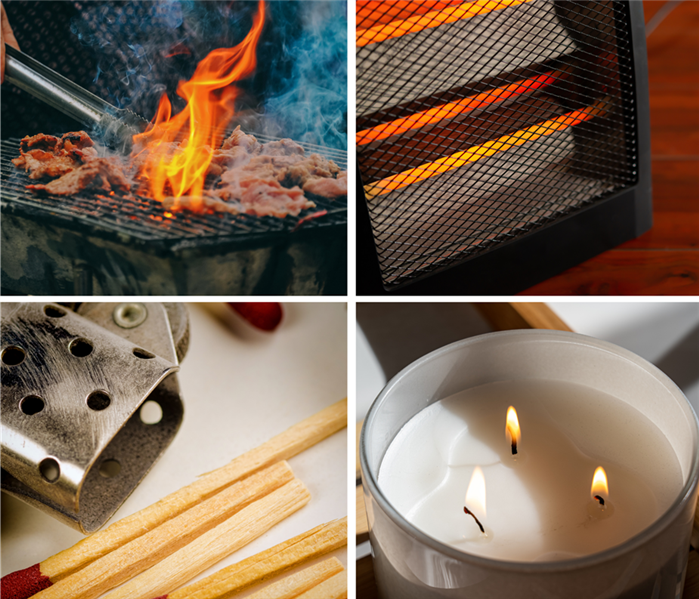 Image with candle, space heater, grill, and matches in four separate squares